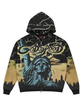Godspeed Statue of Liberty Lightning Graphic Hoodie Black Yellow NWT Small